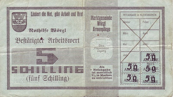 Der 5 Schilling Geldschein des Wörgler Schwundgeldes (Freigeld), 1932/33, Quelle: http://www.vivomondo.com/de/vivowiki, Urheber: Thom16